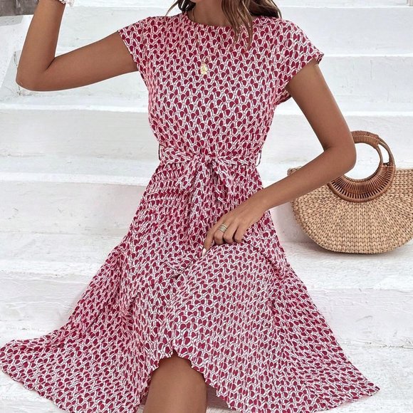MODA ME COUTURE Dresses & Skirts - Red Womens Allover Print Batwing Sleeve Belted Dress